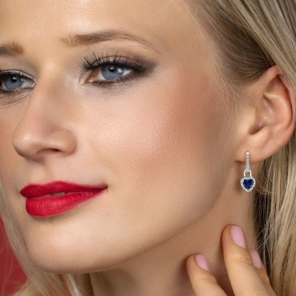 925 Sterling Silver 2.10 Cttw Blue Sapphire and White Sapphire Heart Earrings